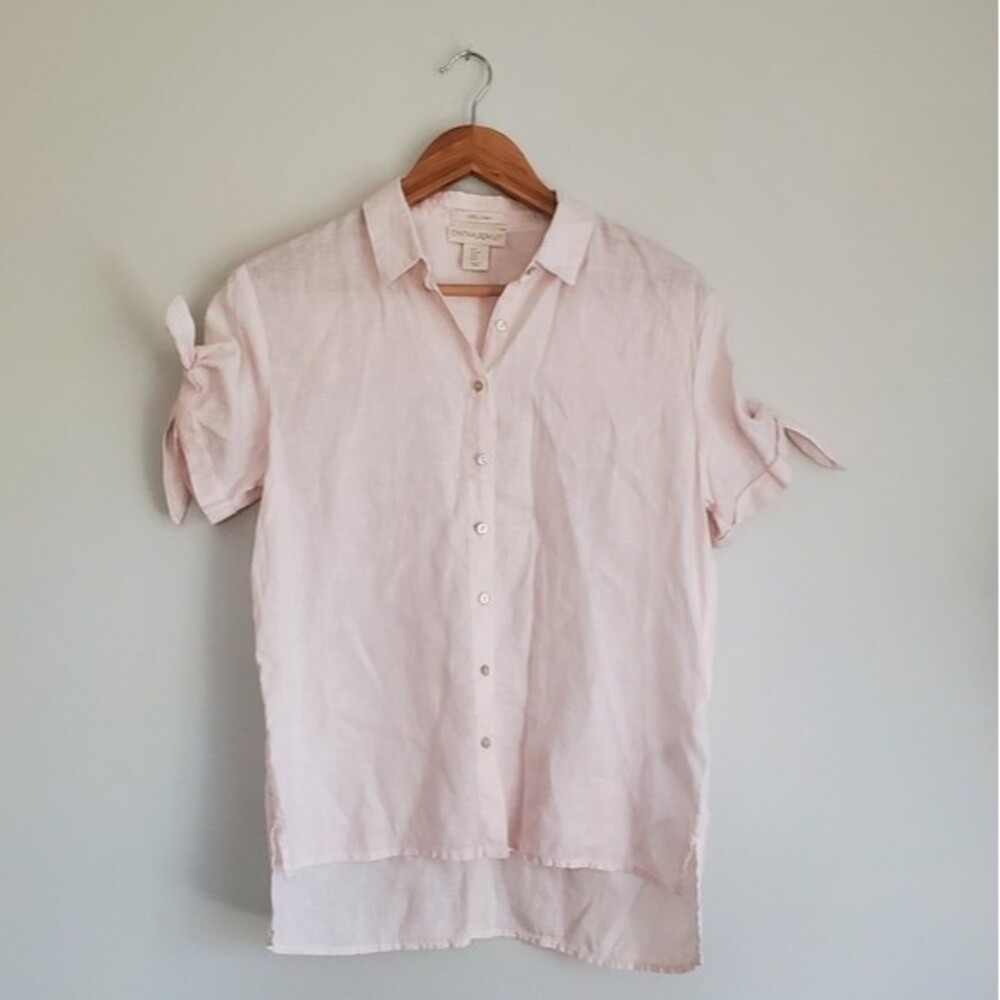 Cynthia Rowley 100% Linen light pink collard sleeve accent button up size Small